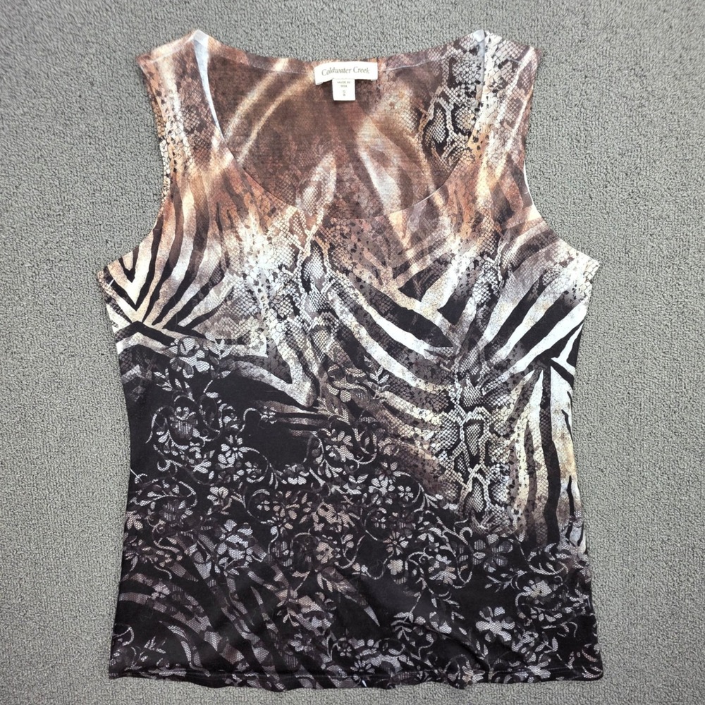 Coldwater Creek Mixed Animal Print Tank Women Brown‎ Floral Lace Mesh Top S 8